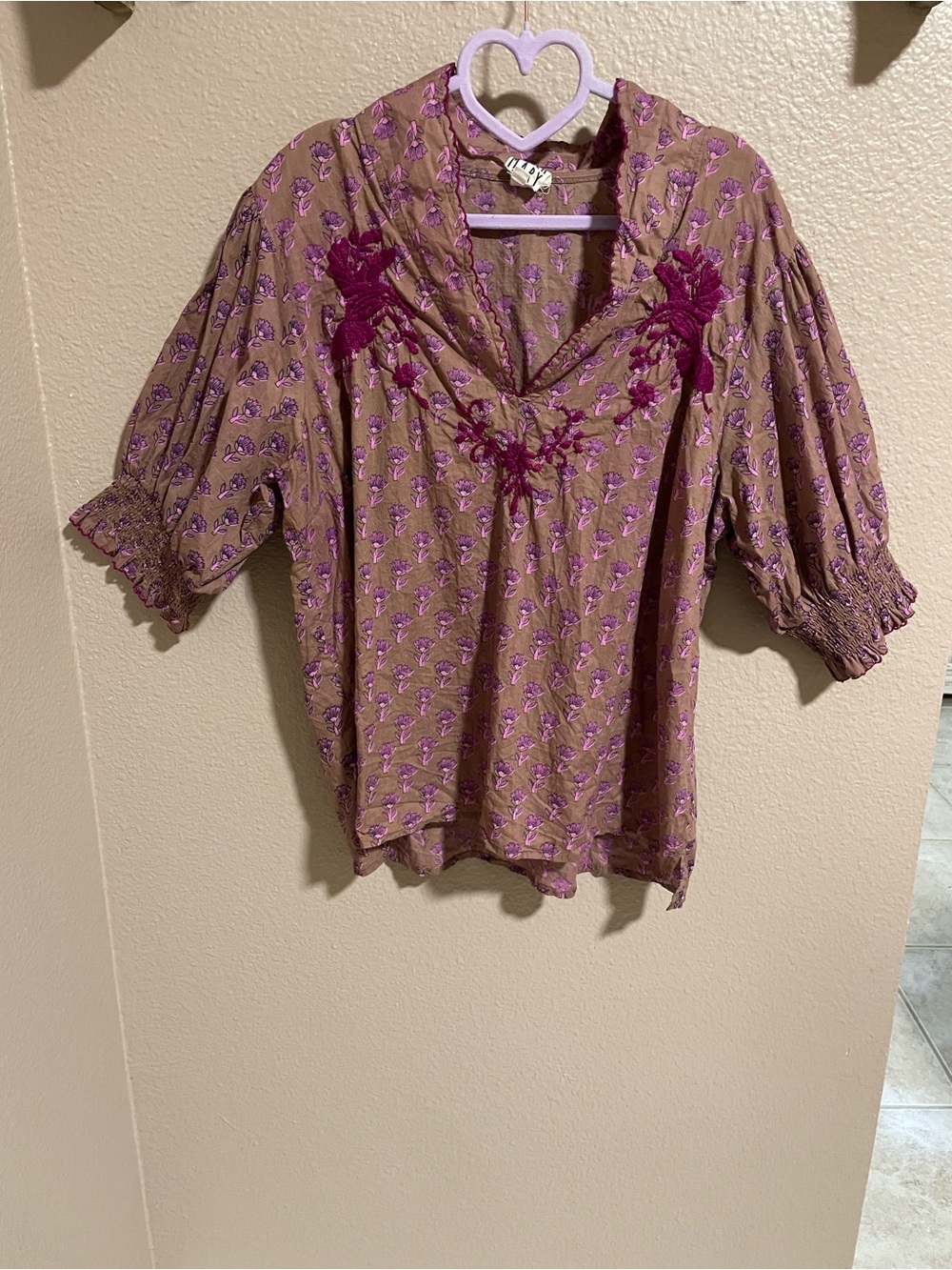 Sister Mary Floral Embroidered Puff-Sleeve Top in Mauve Pink